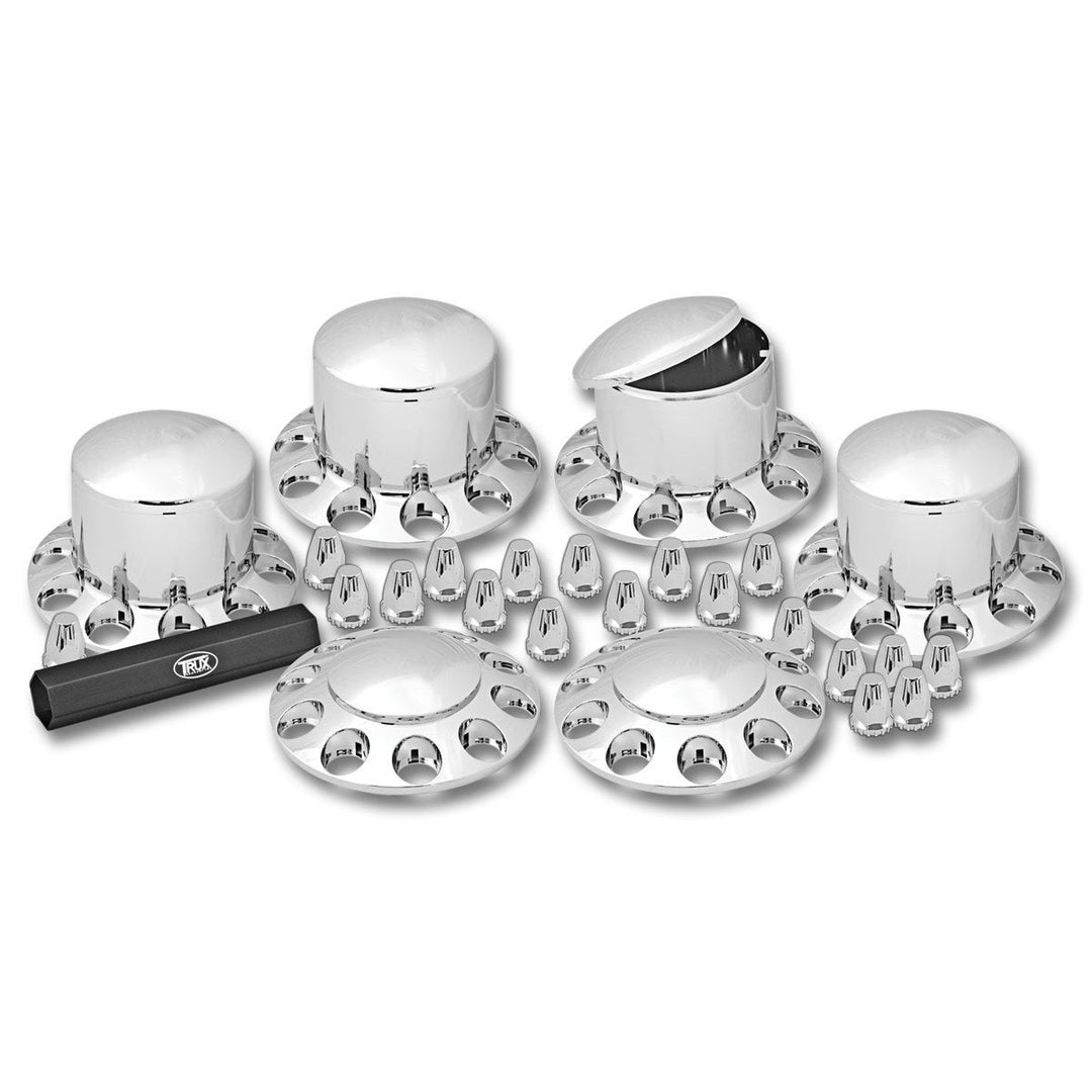 Rounded, Threaded - Chrome Plastic ABS Front & Rear Hub Cover Kit with Removeable Hubcap & Threaded Nut Covers
