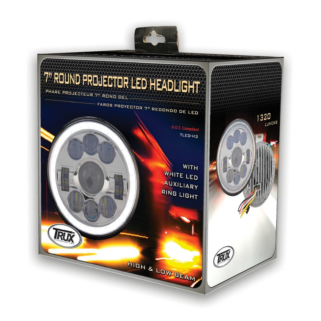 7" Round LED Projector Headlight - Chrome face with White Halo (3,000 Lumens) Combination High & Low Beam