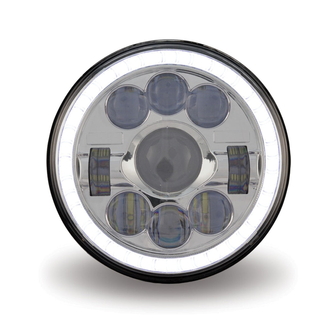 7" Round LED Projector Headlight - Chrome face with White Halo (3,000 Lumens) Combination High & Low Beam