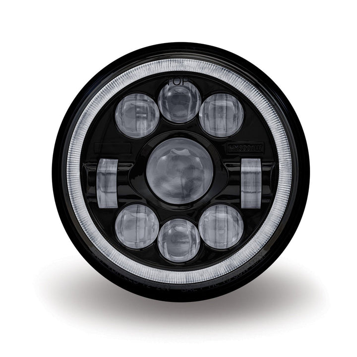 7" Round LED Projector Headlight - Black with White Halo (3,000 Lumens) Combination High & Low Beam