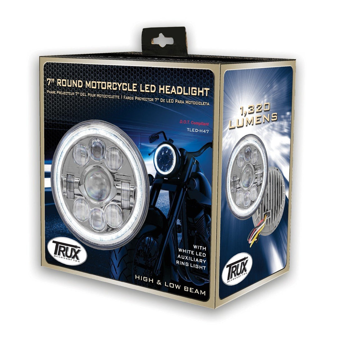 7" Black LED Projector Headlight with Aux white Halo Ring - Combination High and Low Beam - SLIM BACK